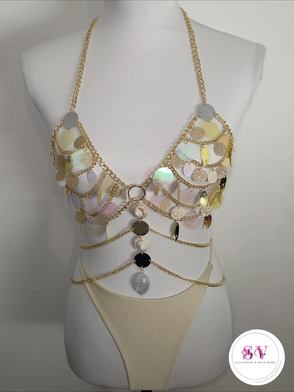 Iridescent disc sequin with feather and shell decor gold body chain